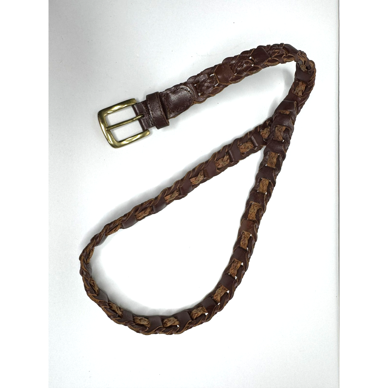 Genuine Leather Braided Woven Belt Mens Medium Large Brown Brass Buckle Casual